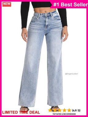 High Waisted Wide Leg Stretchy Tummy Control Denim Jeans Raw Hem